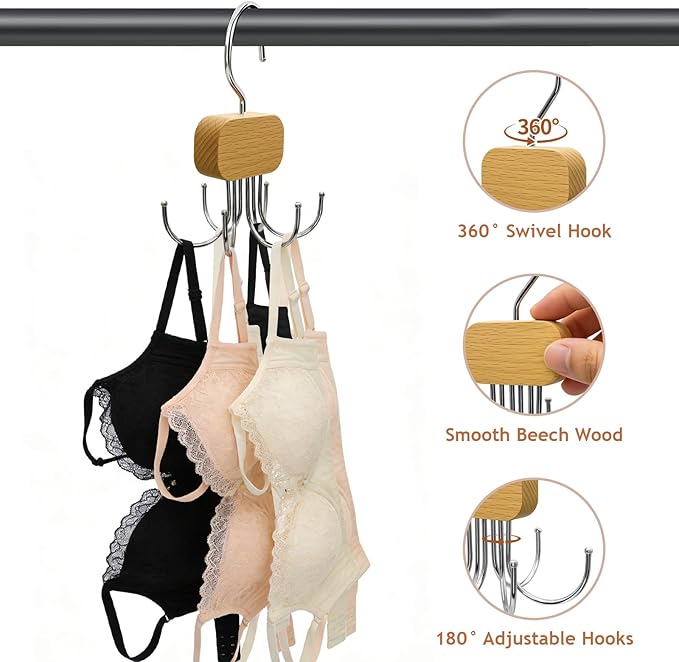 Belt Hanger for Closet, 3 Pack Belt Organizer for Closet Space Saving & Storage, 360° Rotatable & Foldable Hooks, Large Capacity Holder Rack for Tie, Tank Top, Bra, Purse, Hat (Natural)
