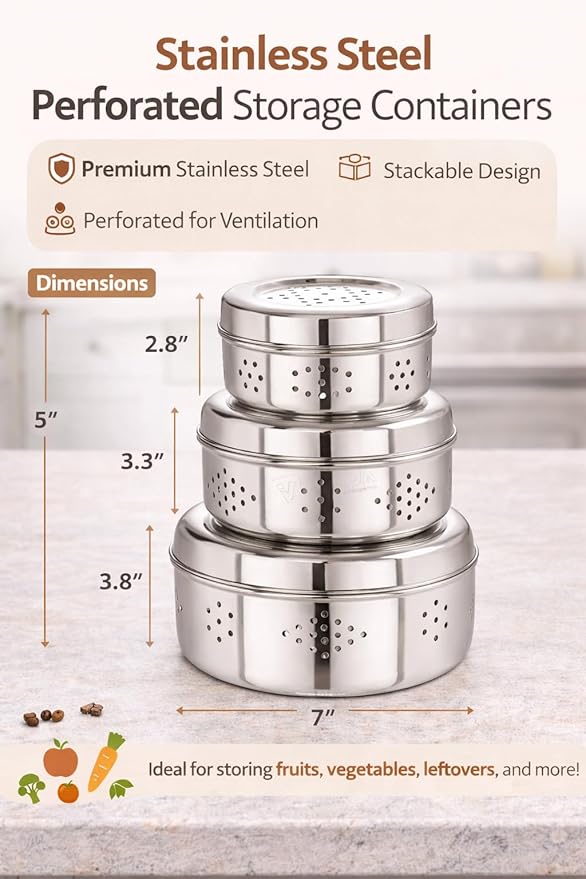Stainless Steel Spice Container with Perforated Lid for Refrigerator Storage, Round