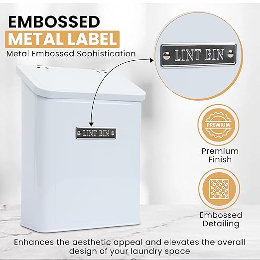 Embossed Magnetic Lint Bin For Laundry Room | Modern Farmhouse Laundry Lint Bin | Lint Trash Can For Laundry Room | White Lint Bin For Laundry Room Magnetic | Space Saving Storage Laundry Bin with Lid