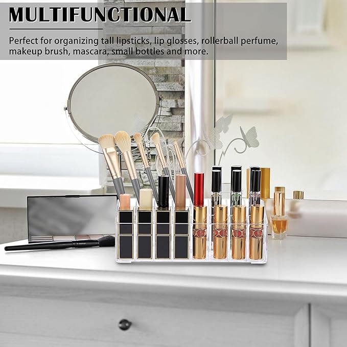 ELLDOO 2 Pack Rollerball Perfume Organizer, 24 Spaces Clear Acrylic Perfume Storage Holder Beauty Scent Holder, Makeup Lipgloss Lipstick Display Case