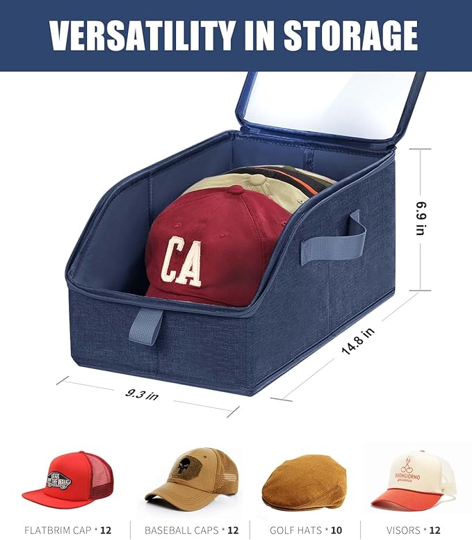 Livelab Hat Organizer for Baseball Caps, Hat Storage Holder Container for Closet Hold Hats with Clear Window, Hat Boxes for Home Storage | 2Pcs Blue
