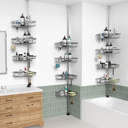 KEGII Corner Shower Caddy Tension Pole with Soap Dish & Razor Holder, Adjustable Bathroom Organizer with Hooks, 25-114.2 Inch Rustproof Storage Shelf for Renters & Apartments, Gunmetal Gray