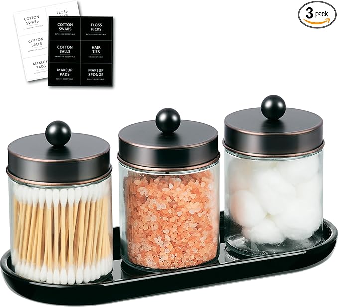 SheeChung 3pcs Glass Qtip Holder with Tray - Oil Rubbed Bronze Bathroom Storage Jars - Apothecary Jar Set for Cotton Swabs & Floss Picks - Decorative Vanity Organizer