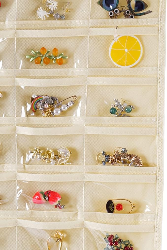 Bloss Hanging Jewelry Organizer, Double Sided 80 Pocket Jewelry Chain Storage Bag 2 Layer of Fabric Jewelry Organizer Holder for Necklace Bracelet Earring Ring Chain(Beige)