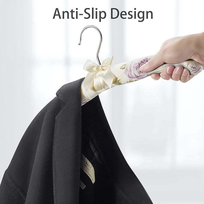 Anti Slip Satin Padded Clothes Hangers for Women Foam Sweater Hangers - Fancy Thick Padded Coat Hanger No Bump Floral Canvas Cover for Adult, Bridesmaid, Wedding Gown Closet (Pack of 10)