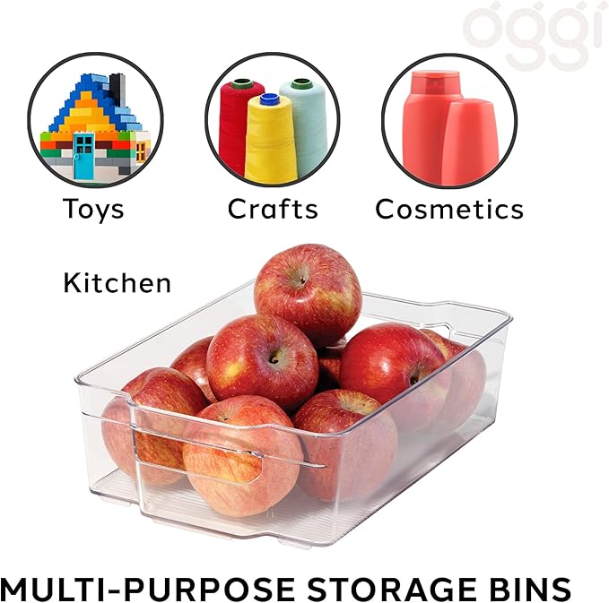 Oggi Stackable Storage Bin With Handle - Wide (12.5" x 8.5" x 3.5") - Ideal for Kitchen Organization, Pantry Storage, Fridge Organizing, Clear