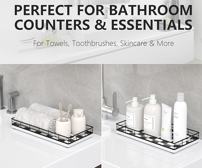 Toilet Paper Basket Organizer – Oak Wood Toilet Tank Tray with Metal Frame, Bathroom Counter Top Storage for Toilet Paper, Wipes & Decor, Modern Narrow Back of Tank Shelf Organizer, Black & White