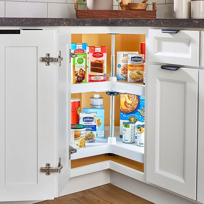 Rev-A-Shelf 28" Kidney Shaped Dual Tier Lazy Susan Organizer for Corner Base Kitchen Cabinets, Plastic Home Storage Shelves, 28" W x 22.5" D x 26" H, White, 3472-28-11-52