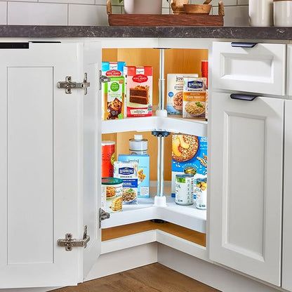 Rev-A-Shelf 28" Kidney Shaped Dual Tier Lazy Susan Organizer for Corner Base Kitchen Cabinets, Plastic Home Storage Shelves, 28" W x 22.5" D x 26" H, White, 3472-28-11-52