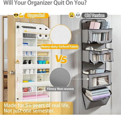 Over The Door Organizer with 5 Shelves, 9 Compartment + 10 Side Pocket, Sturdy Oxford Cloth, Supports 90 lbs, Heavy-Duty Behind the Door Hanging Closet Organizer and Storage for Room Essentials, White