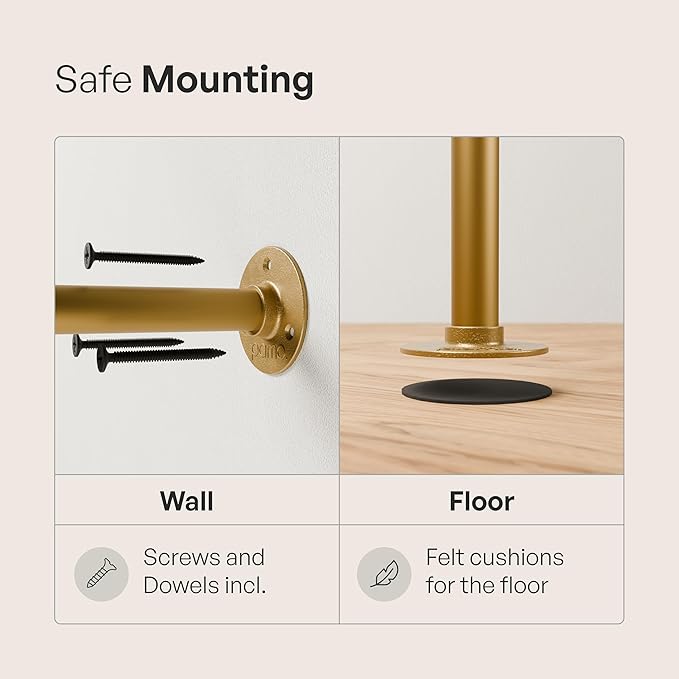 pamo Industrial Pipe Clothing Rack Gold - 441 lbs Capacity - Wall Mounted Clothes Rack and Walk In Closet for Wardrobe