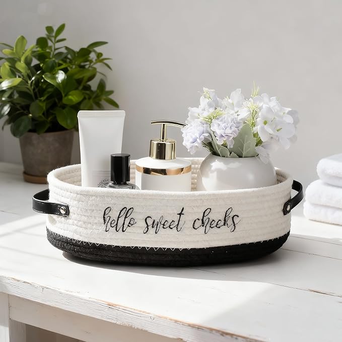 Hello Sweet Cheeks Bathroom Decoration Black and White Cotton Rope Toilet Basket Toilet Paper Holder Basket Rustic Bathroom Organizer Farmhouse Home Decoration Organizing Small Baskets