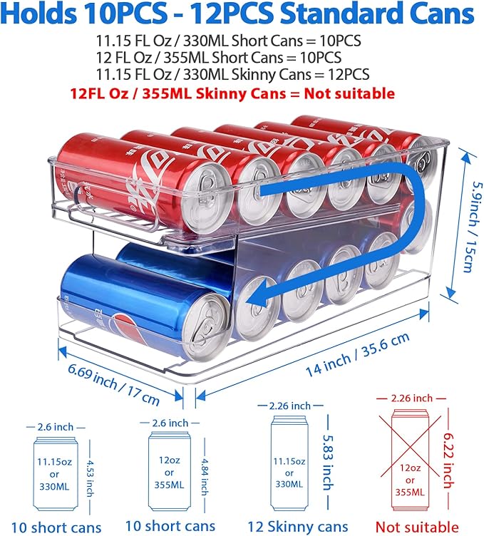 2 Pack Rolling Soda Can Dispenser for Refrigerator 2 Packs Refrigerator Organizers and Storage Width Adjustable Can Organizer for Refrigerator