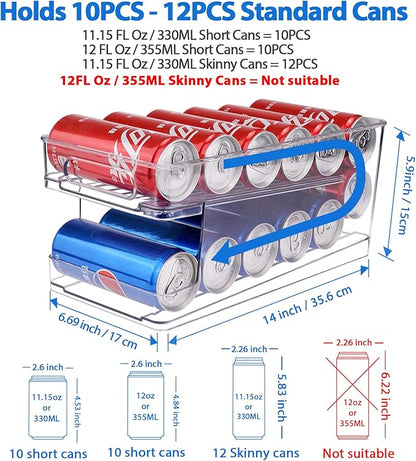 Rolling Soda Can Organizer for Refrigerator Can Dispenser for Beer Soda Seltzer Pop Can Soda Organizer for 10 Standard Size 11.15oz or 12oz Cans Holder Storage Pantry Organization