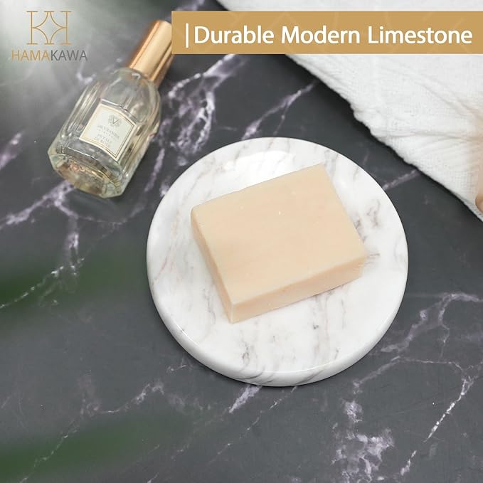 Natural Marble Soap Dish, Round Carrara White Jewelry Dish, Limestone Shower Soap Holder, Modern Stone Sponge Holder, Bar Soap Saver Tray for Bathroom, Kitchen, Easy to Clean
