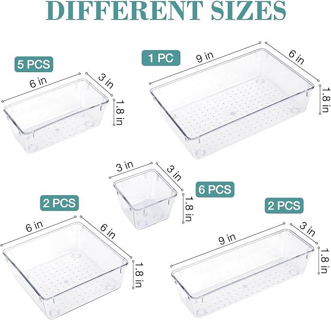 StorMiracle 16 PCS Drawer Organizer Set, 5 Varied Size Bathroom and kitchen Drawer cabinet organizer Trays, Clear Storage Bins for Makeup, Jewelry, Utensils and Gadgets