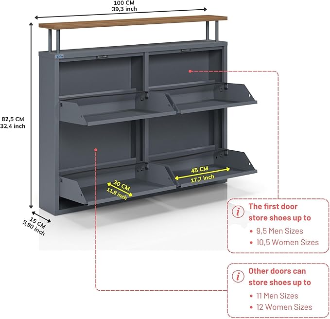 CEHA 4 Tier Metal Shoe Cabinet with Cover and Shelf, Durable Shoe Storage Organizer for Entryway, Space Saving Shoe Shelf Closet, 5.91" x 39.3" x 32.4", Anthracite