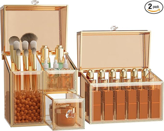 CoralHouse Makeup Organizer Countertop Set – Vanity Holder with 18-Slot Lipstick Organizer & Covered Makeup Brush Holder – Skincare, Perfume & Cosmetic Display for Bathroom or Dresser