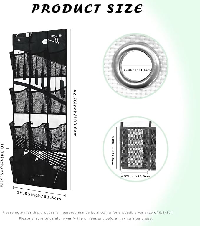 12-Pocket Over the Door Hanging Storage Organizer,Space-Saving Hanging Rack for Shoes, Toys, Spices, Non-Woven Fabric with PVC Windows,Music Note