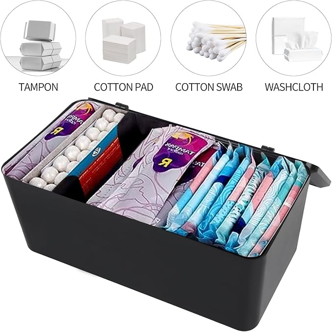 Pad and Tampon Organizer for Bathroom,Sanitary Napkin Holder, Pad and Tampon Organizer for Period, Sanitary Napkin Storage Container, Black