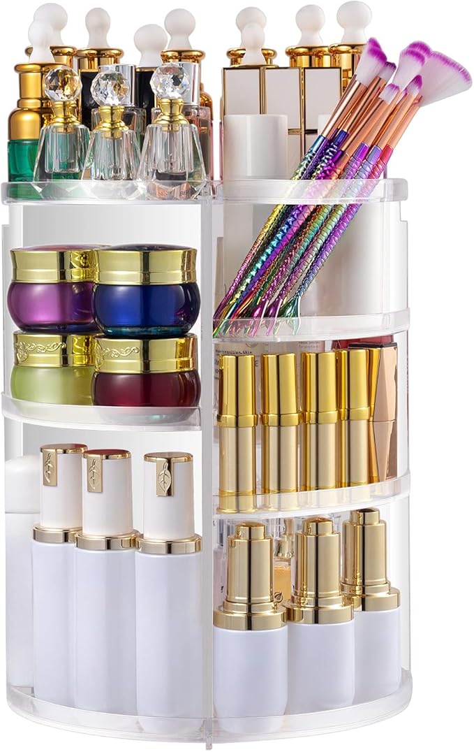 Rotating Makeup Organizer, DIY 8 Adjustable Layers 360 Spinning Skincare Organizer, Lazy Susan Rack Cosmetic Carousel Storage Shelf with Brush Holder for Vanity Bathroom Countertop,Clear