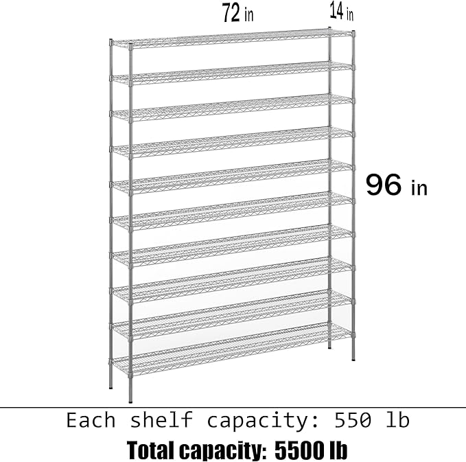 14" Deep x 72" Wide x 96" Height Wire Shelving Kit | 10-Tier | NSF Commercial Storage Rack Unit