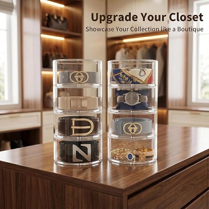 Belt Organizer for Closet Storage: Clear Acrylic 8-Layer Stackable Belt Box, Space-Saving Neat Case Holder