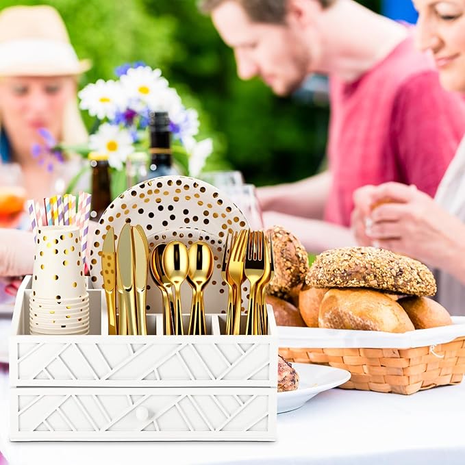 Marsui Paper Plate Dispenser, Wood Rustic Paper Plate Holder for Countertop with Drawer Silverware Utensil Caddy, Cutlery Flatware Organizer for Spoon Fork Napkins Kitchen Parties(White)