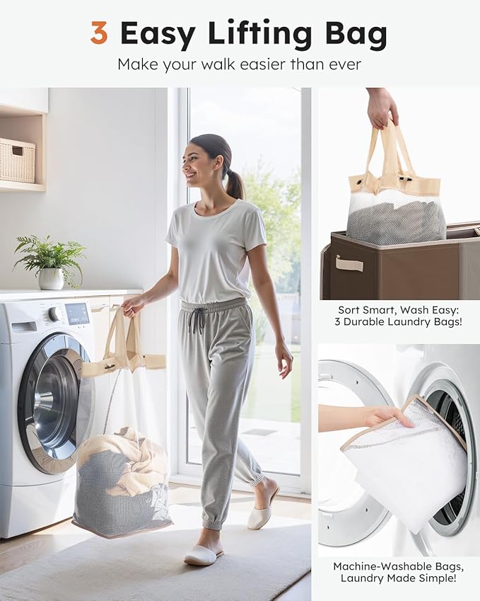 SOLEDI 180L 3-Section Laundry Hamper with Lid, Extra Large Dirty Clothes Basket with Sturdy Handles for Laundry Room & Bedroom - Durable Organizer for Sorting Laundry