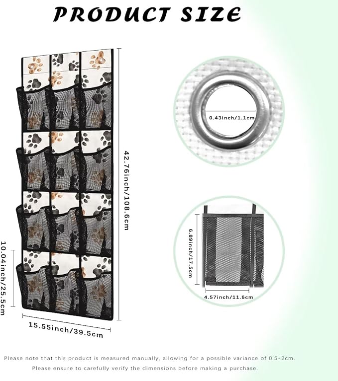 Dog Paw Print Over the Door Shoe Organizer 12 Large Mesh Pockets Foldable Shoe Rack for Door Hanger Storage Holder for Dorm Bedroom