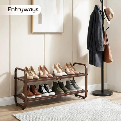 Expandable Shoe Rack for Closet - Shoe Organizer for Entryway, Adjustable Metal Shoe Storage, Stackable Long Shoe Stand Holder for Garage, Hallway, Door Entrance (Brown, 2 Tier)