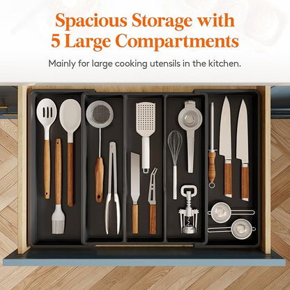 Lifewit Utensil Organizer for Kitchen Drawers, Expandable Cooking Utensil Tray, Adjustable Cutlery Silverware Flatware Holder, Plastic Spatula Tools Storage Divider, 16- 28 x 18.5", Black