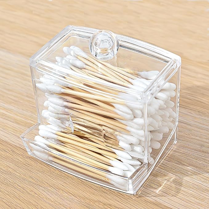 Cotton Swab Holder with Lid - Clear Plastic Bathroom Vanity Organizer, Shatterproof U-Slot Cotton Swab Dispenser Canister, Dustproof Countertop Container for Cotton Swabs & Apothecary Storage