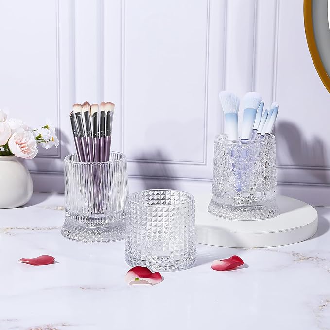DASITON Makeup Brush Holder Organizer, Crystal Cosmetic Brushes Storage Holder Glass Makeup Organizer, 360° Rotating Make Up Brush Cup for Vanity, Dresser, Bathroom, Pen Pencil Holder for Desk (Clear)