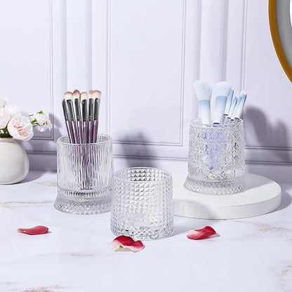DASITON Makeup Brush Holder Organizer, Crystal Cosmetic Brushes Storage Holder Glass Makeup Organizer, 360° Rotating Make Up Brush Cup for Vanity, Dresser, Bathroom, Pen Pencil Holder for Desk (Clear)