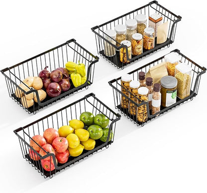 4 Pcs Stackable Wire Baskets for Pantry Organizers and Storage,Kitchen Storage Metal Baskets,Produce Potato Onion Storage Bin,Vegetable Fruit Basket for Countertop,Black