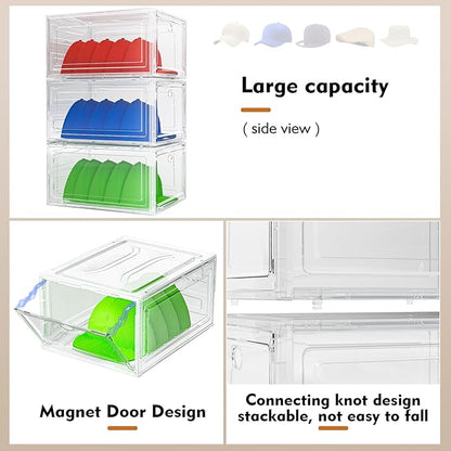 YKLSLH Hat Organizer Box, 6 Boxes for 40 Pack Hats, Upgrade Harder Solid Plastic Hat Organizer for Baseball Caps, Clear Hat Storage with Magnetic Door, Hat Rack Holder Case, White