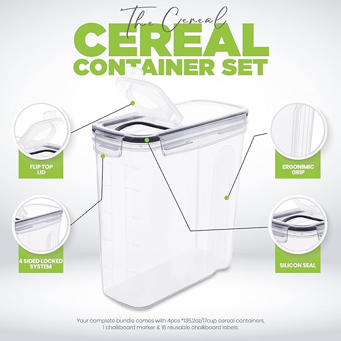 Utopia Kitchen Cereal Containers Storage Set – 2 Pack 4L(135.2 oz) Airtight Food Storage Containers with Lids, BPA-Free Cereal Dispensers for Pantry Organization and Storage (Clear)
