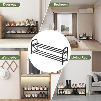 2-Tier Shoe Rack for Closet, 16"-32" Expandable ShoeRack, Adjustable for Entryway Closet Doorway SturdyMetal, Black