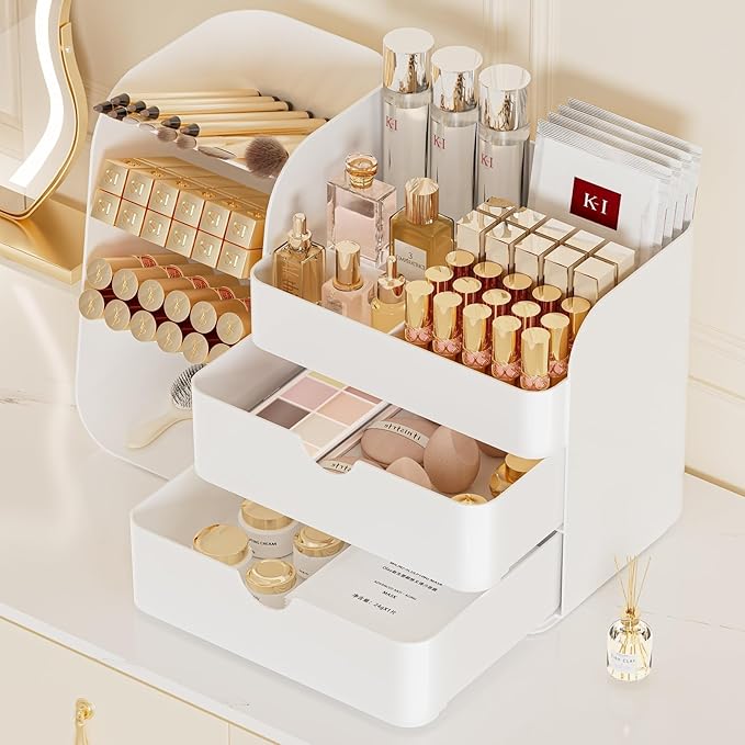 Booklov Makeup Organizer for Vanity, Countertop Cosmetic Display Case with Drawers, Bathroom Counter Beauty Caddy, Comfyroom Table Storage Holder for Skincare, Brush Eyeliner Eyeshadow Lipstick, White