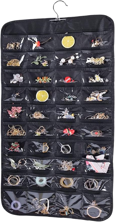 Bloss Hanging Jewelry Organizer, 2 Sided 80 Pocket Jewelry Chain Storage Bag 2 Layer of Fabric Jewelry Organizer for Necklace Bracelet Earring Ring Chain, Earring Holder - Black