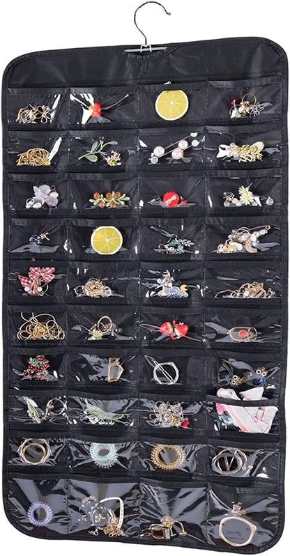 Bloss Hanging Jewelry Organizer, 2 Sided 80 Pocket Jewelry Chain Storage Bag 2 Layer of Fabric Jewelry Organizer for Necklace Bracelet Earring Ring Chain, Earring Holder - Black