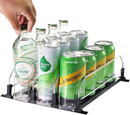 Soda organizer for Fridge, Automatic Push Drink Organizer for Refrigerator - Adjustable Width (Holds 15 Cans), Durable Beer & Drink Dispenser with Self-Pushing Glide System, Black