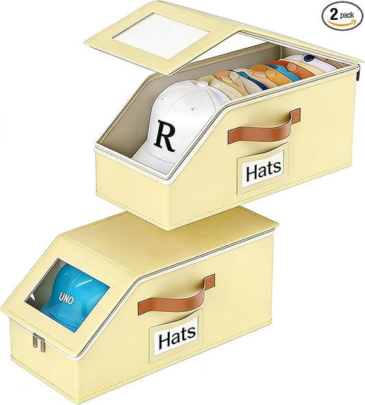 2 Pack Hat Organizer for Women & Men, Foldable Hat Storage Box with Clear Window Lid, Stackable Clear Hat Storage for Baseball, Cowboy Caps, Store up to 28 Caps, Butter Yellow