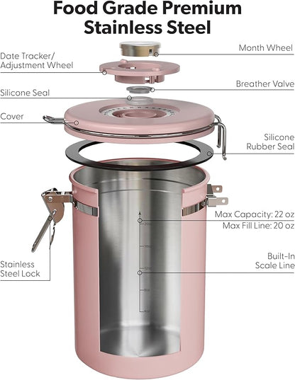 Veken Coffee Canister with Window, Airtight Stainless Steel Kitchen Food Storage Container with Lids, Date Tracker and Scoop for Grounds Coffee, Beans, Tea, Flour, Cereal, Sugar Jars, 22OZ, Pink