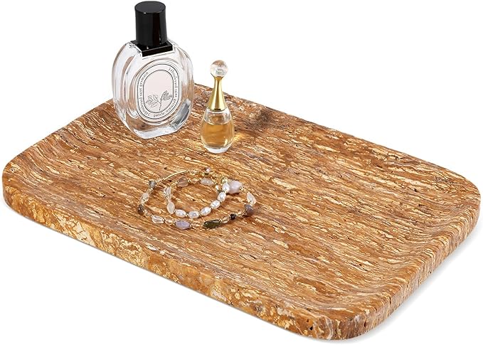 Karibiber Natural Marble Vanity Tray, 11.8" Travertine/Stone Bathroom Tray Countertop, Golden Stone for Perfume Jewelry Holder, Decorative Dresser Organizer, Storage for Kitchen Sink(Walnut Traver)