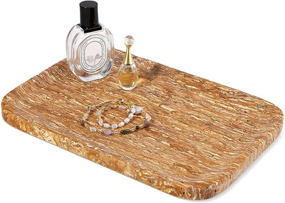 Karibiber Natural Marble Vanity Tray, 11.8" Travertine/Stone Bathroom Tray Countertop, Golden Stone for Perfume Jewelry Holder, Decorative Dresser Organizer, Storage for Kitchen Sink(Walnut Traver)