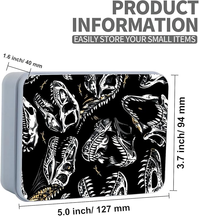 Metal Tin Box Sturdy Metal Storage Box with Lid, Large Container Holder for TCG Cards,Car Keys,Cookies,Tin Containers for Gift,5.0x3.7x1.6 Inch,Exquisite Pattern Design(Fossil Dinosaur)