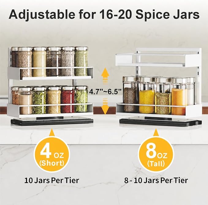 iSPECLE Vertical Spice Rack Pull Out - 1 Pack Rotate No-Drill Slide Out Spice Rack for Cabinet Swivel Easy Access Spices, Adjust Height for 4oz to 8oz Spice Jars Inside Kitchen Pantry Cabinet, Black