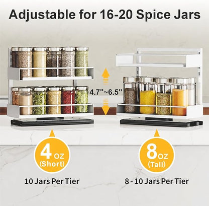 iSPECLE Spice Rack Organizer for Cabinet - 2 Pack Rotate No-Drill Vertical Spice Rack Pull Out Swivel Easy Access Spices, Adjust Height for 4oz to 8oz Spice Jars Inside Kitchen Pantry Cabinet, White